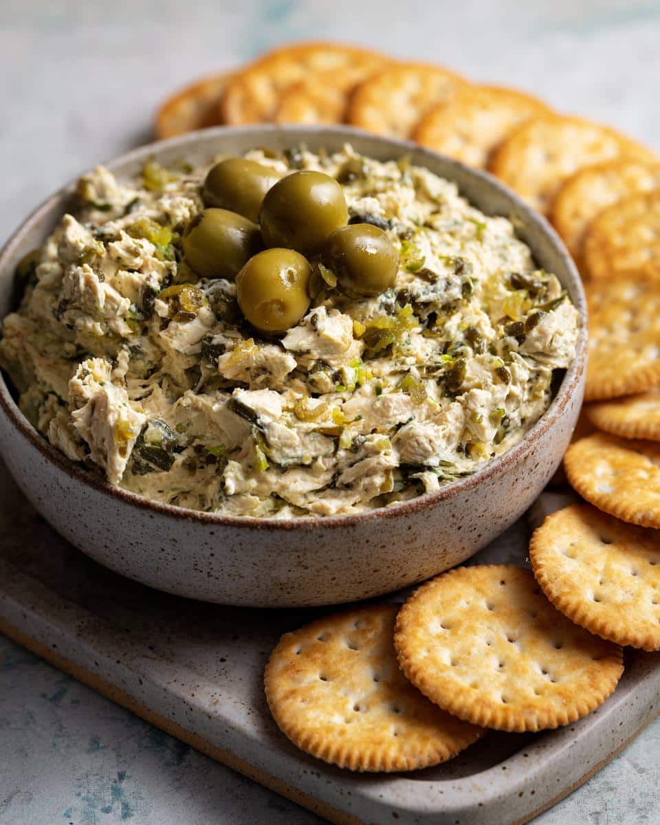 A bowl of dirty martini dip topped with olives, served with crackers. Ready to eat.