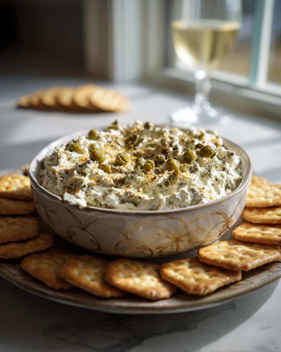 Bowl of dirty martini dip surrounded by crackers, garnished with olives and spices, next to a glass of martini.