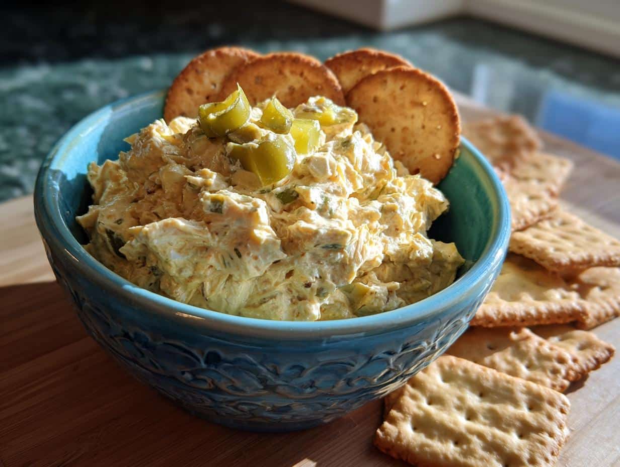 A bowl of dirty martini dip with crackers, garnished with olives. Ready to serve.
