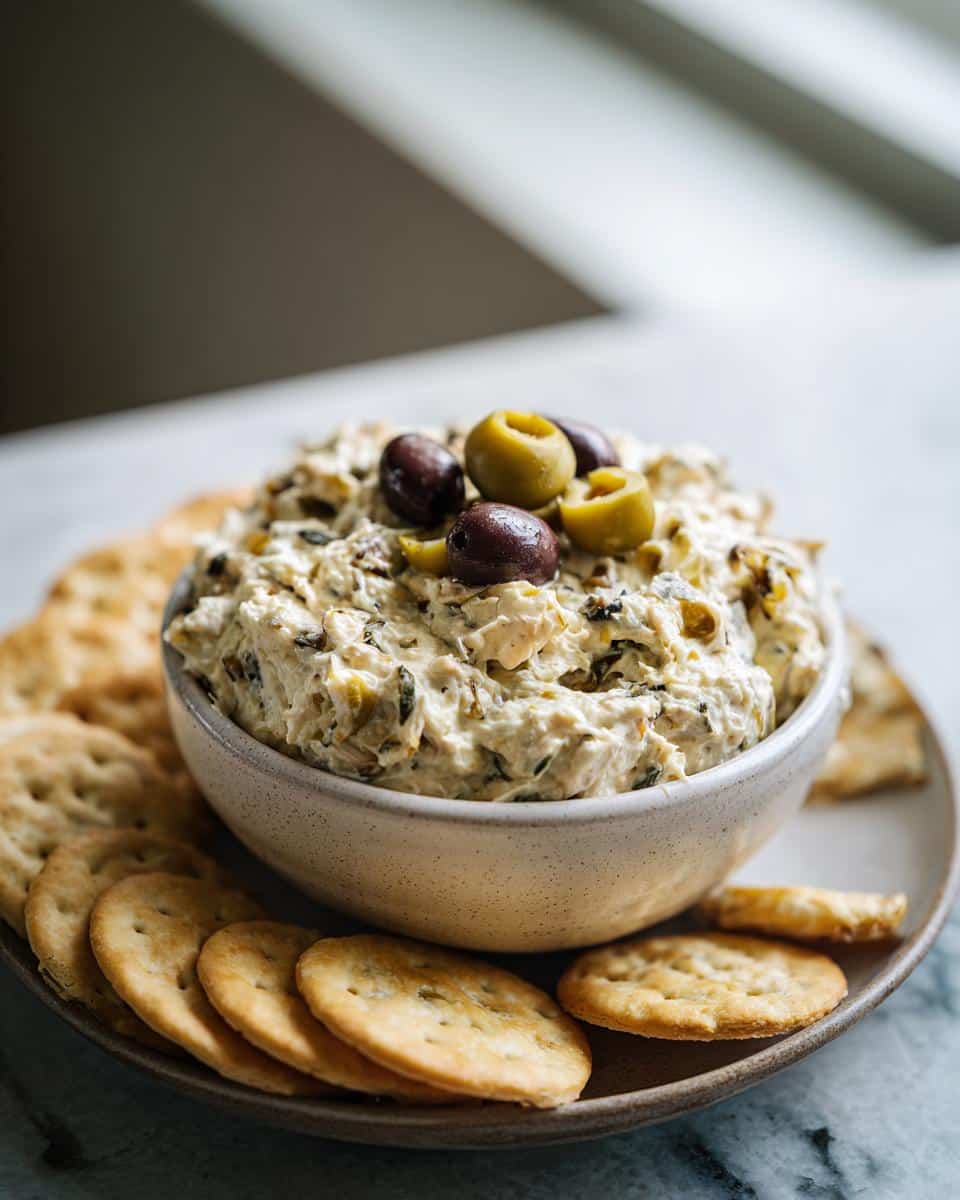Bowl of dirty martini dip topped with olives, surrounded by crackers on a plate.
