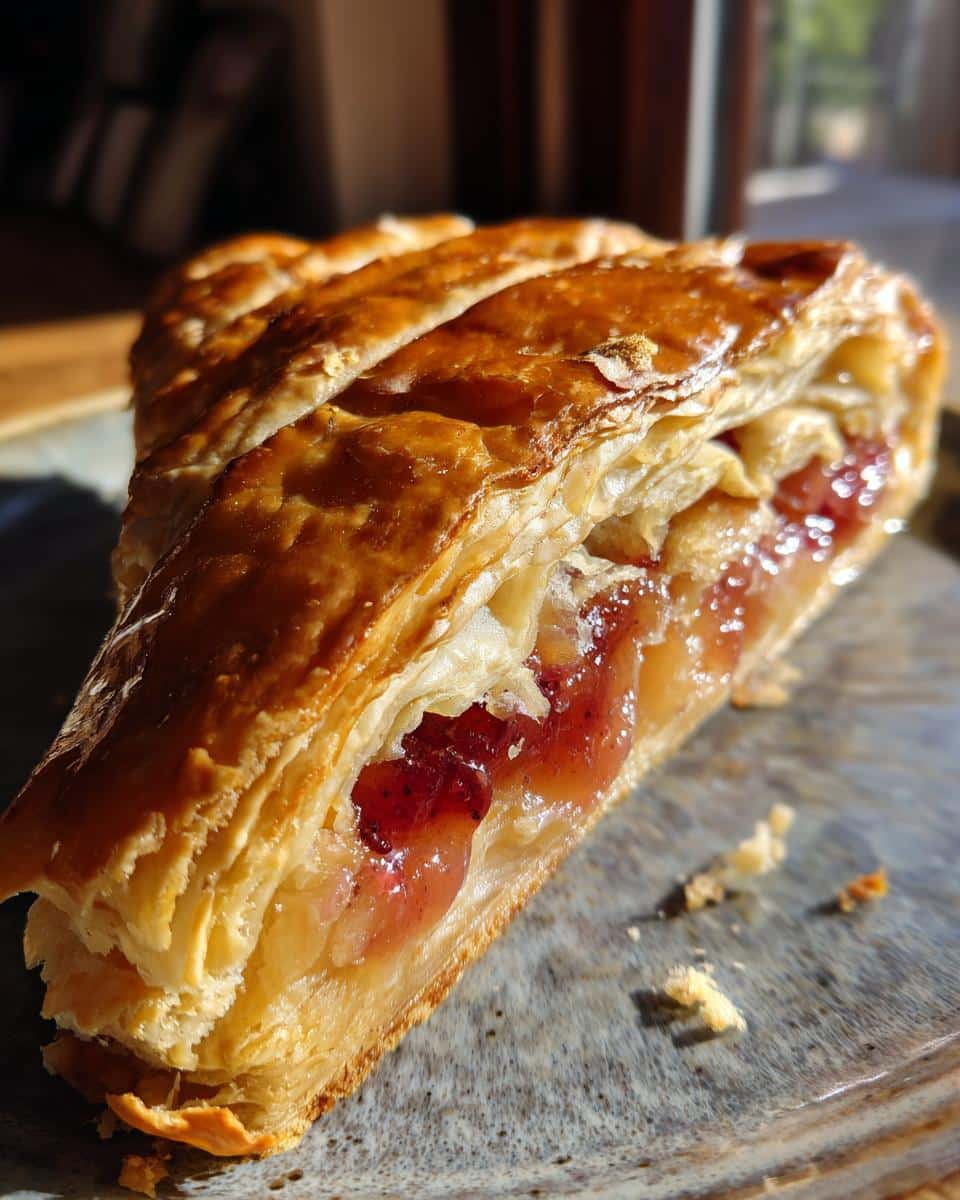 Close-up of a slice of easy puff pastry dessert filled with fruit, showcasing its flaky layers and golden crust.