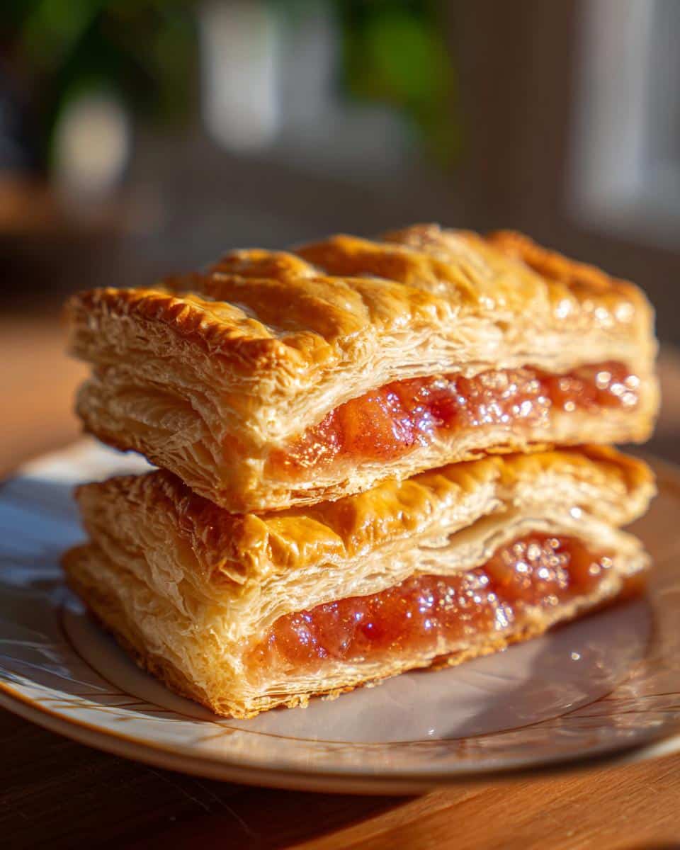 A stack of easy puff pastry desserts filled with a fruit filling, showcasing flaky layers and golden-brown crust.