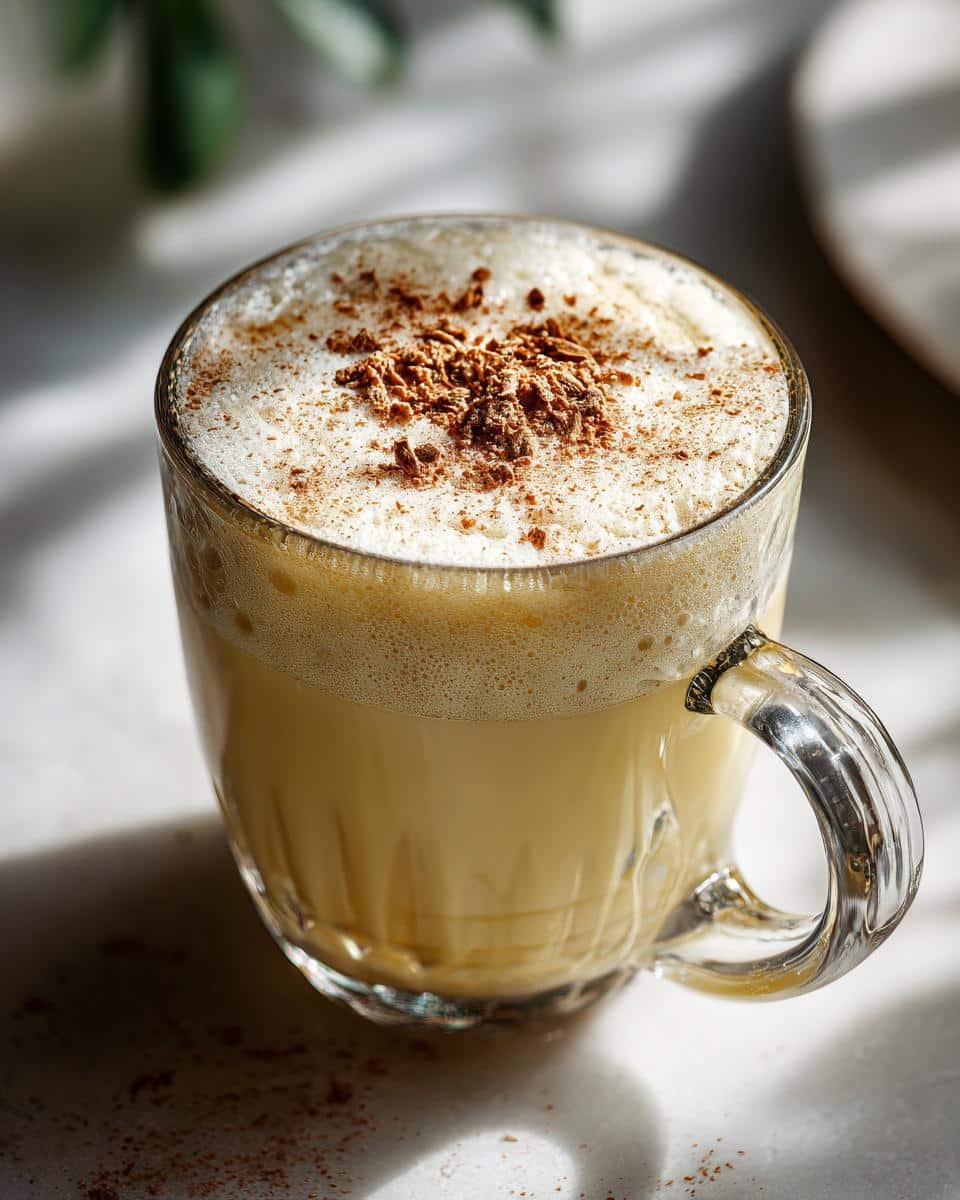Close-up of a creamy eggnog recipe in a clear glass mug, topped with foam and nutmeg.