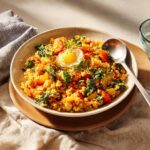 A vibrant food babe quinoa bowl topped with a fried egg, tomatoes, and greens. Ready to eat.