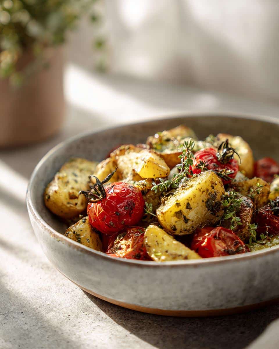 Bowl of roasted potatoes and tomatoes, a delicious food babe recipe, garnished with fresh herbs.