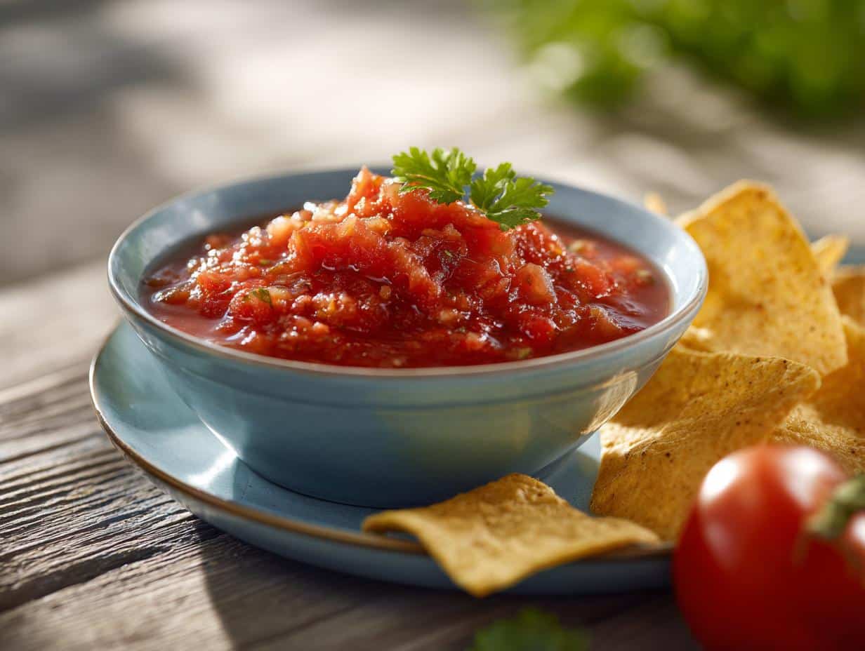 A bowl of fresh food babe salsa with tortilla chips and a tomato on a wooden surface.