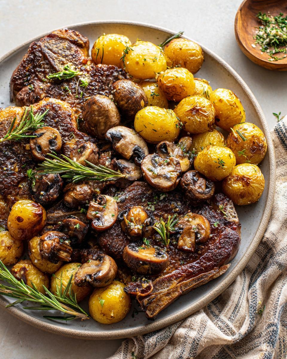 Overhead view of a Food Babe recipe: steak topped with sautéed mushrooms, served with roasted golden potatoes and rosemary.