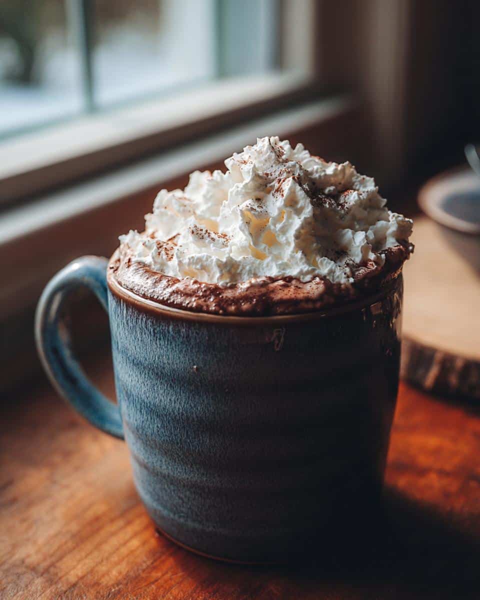 A blue mug filled with rich French hot chocolate, topped with whipped cream and a dusting of cocoa.