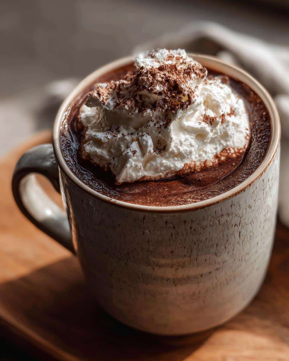 A mug of rich French hot chocolate topped with whipped cream and chocolate shavings.
