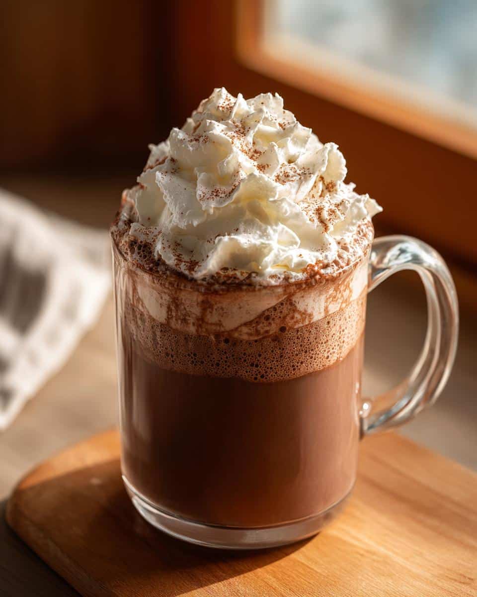 A glass mug filled with French hot chocolate and topped with a generous swirl of whipped cream and cocoa powder.