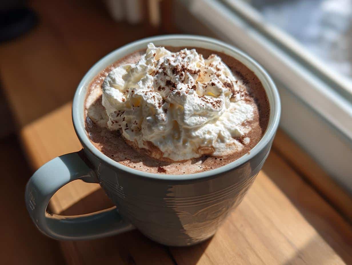 Close-up of a mug of French hot chocolate topped with whipped cream and chocolate shavings.