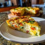 A slice of colorful fritata recipe on a white plate, showcasing vegetables and herbs.