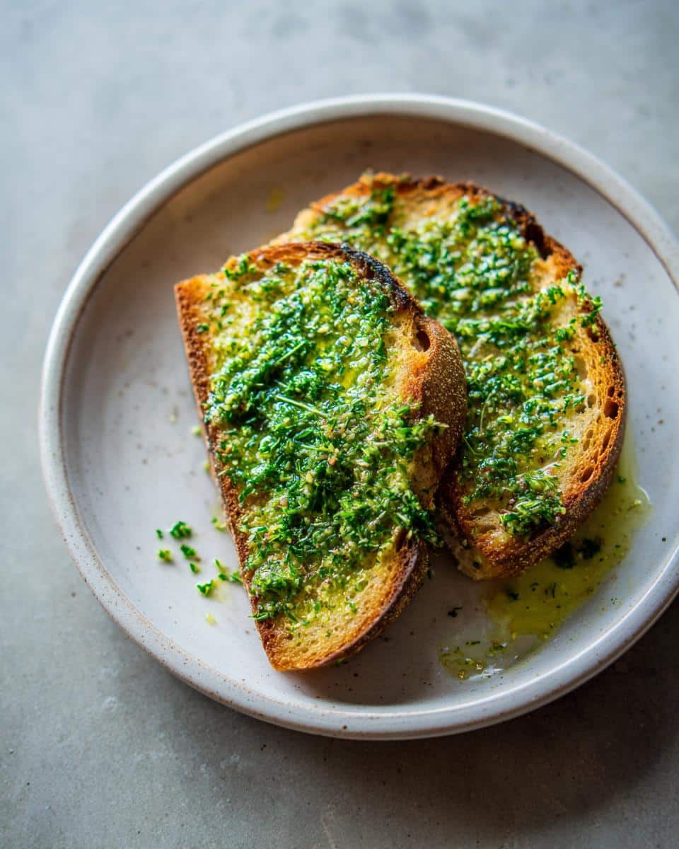 Two slices of toasted bread topped with a vibrant green garlic herb mixture, a food babe recipe.