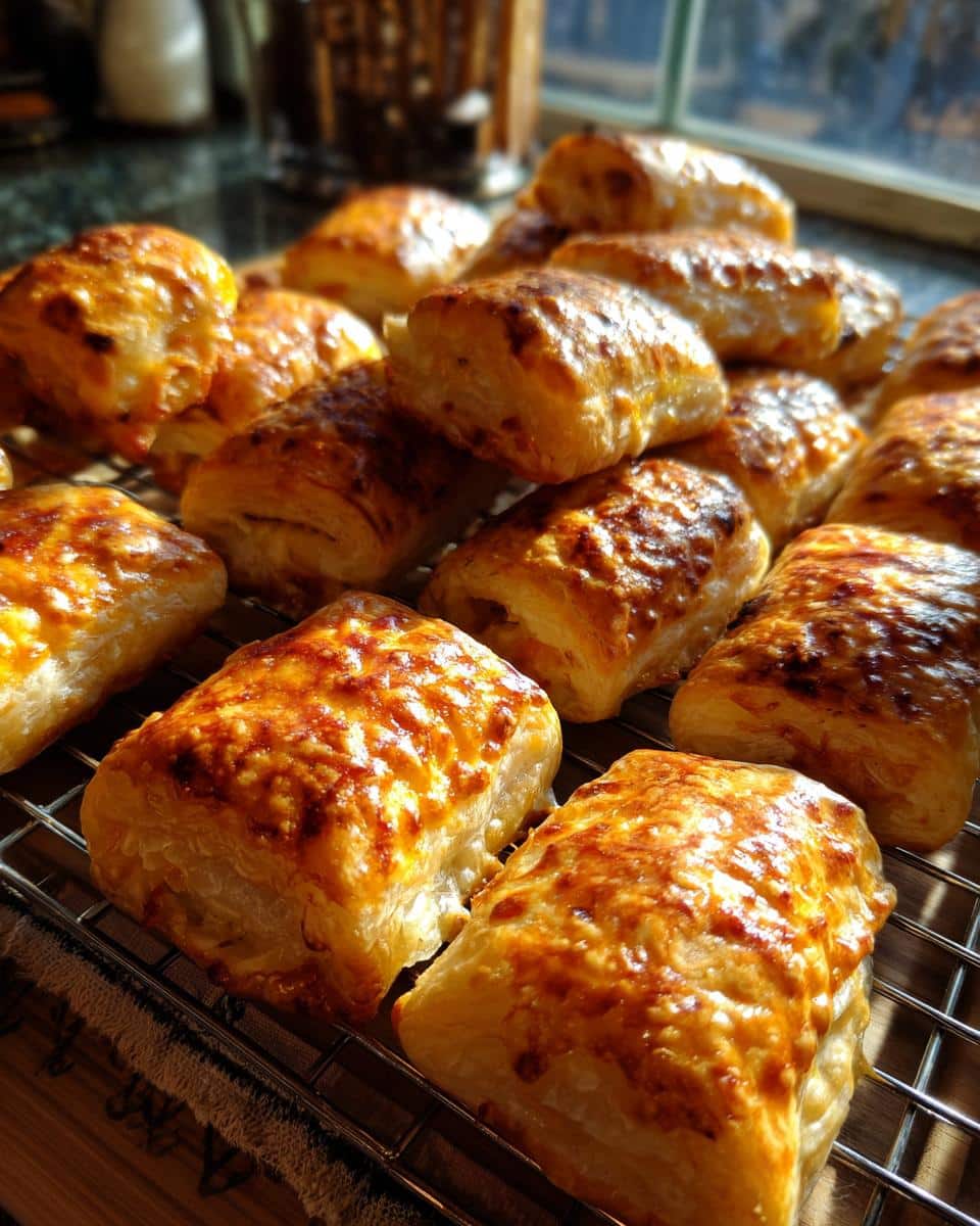 A batch of freshly baked, golden brown puff pastry ideas cooling on a wire rack near a window.