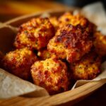 Close-up of golden brown sausage balls in a wooden bowl lined with parchment paper.