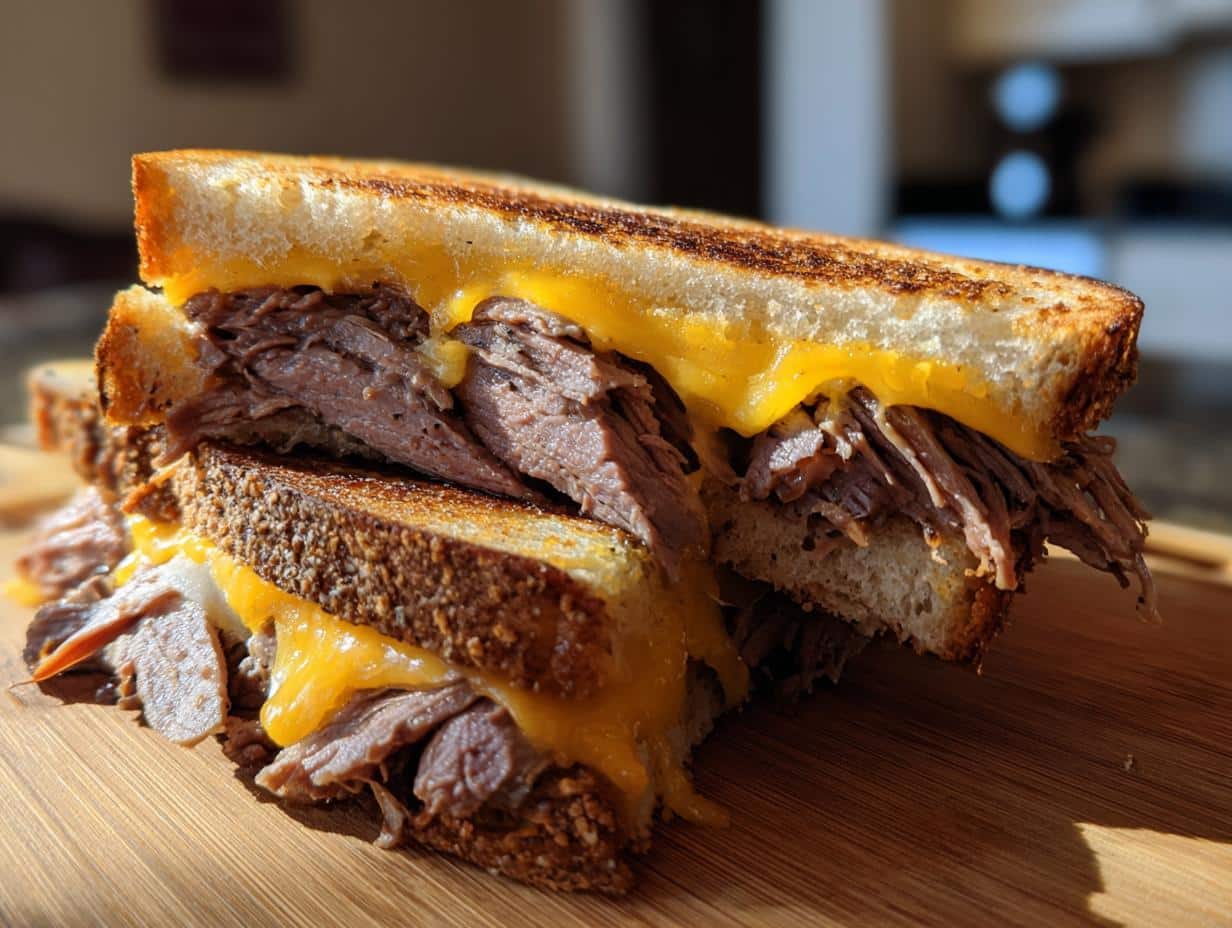 Delicious grilled cheese sandwich filled with leftover roast beef and melted cheddar cheese.