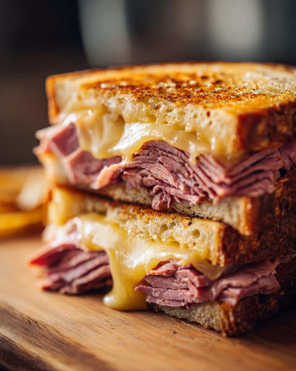 A stacked, cheesy grilled sandwich featuring leftover roast beef on toasted bread.