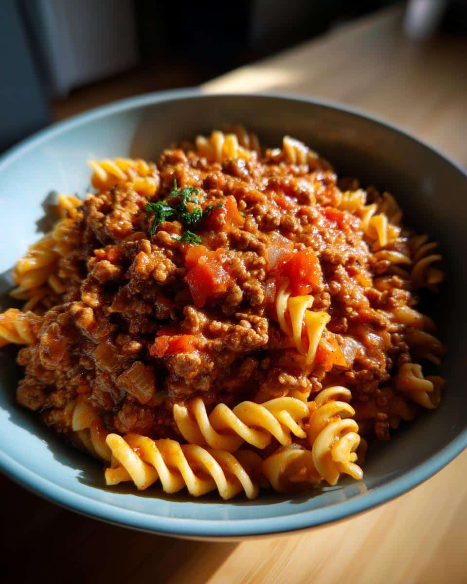 Bowl of pasta topped with a rich ground sausage recipe tomato sauce, garnished with parsley.