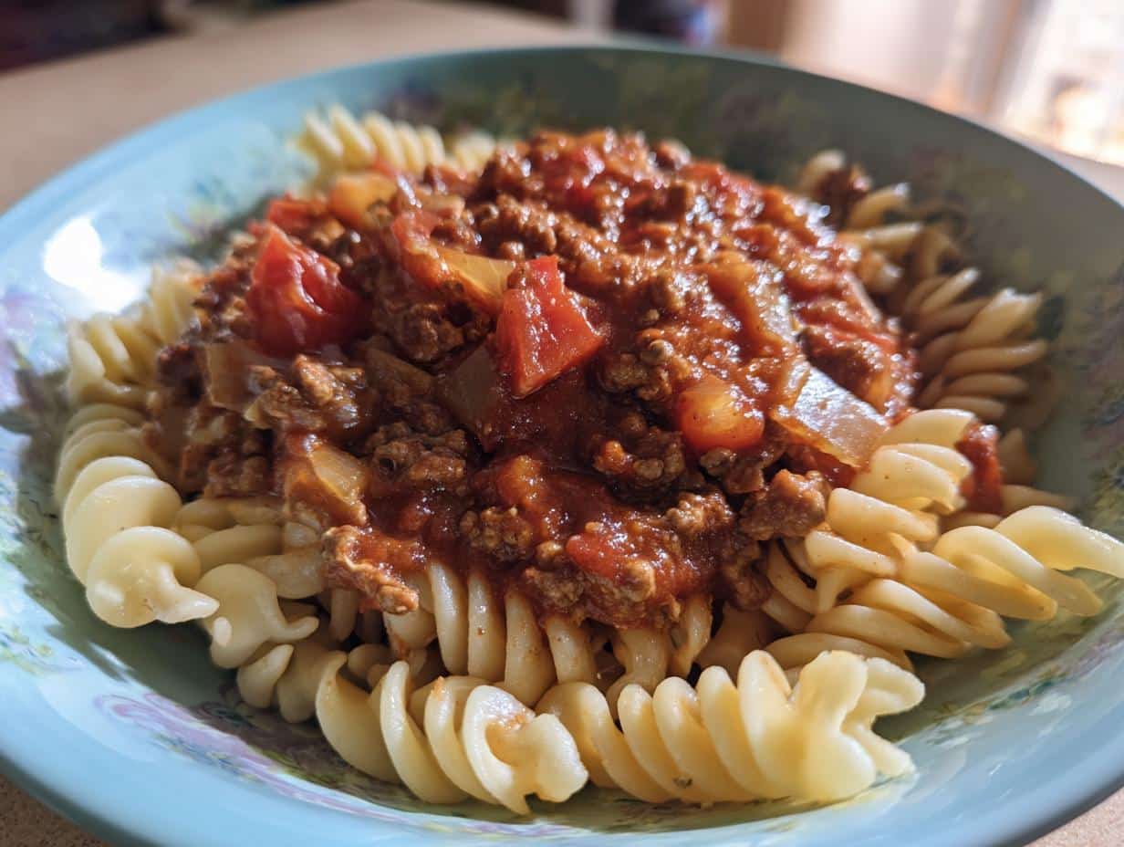 Bowl of pasta topped with a hearty ground sausage recipe, featuring a rich tomato sauce and visible sausage crumbles.