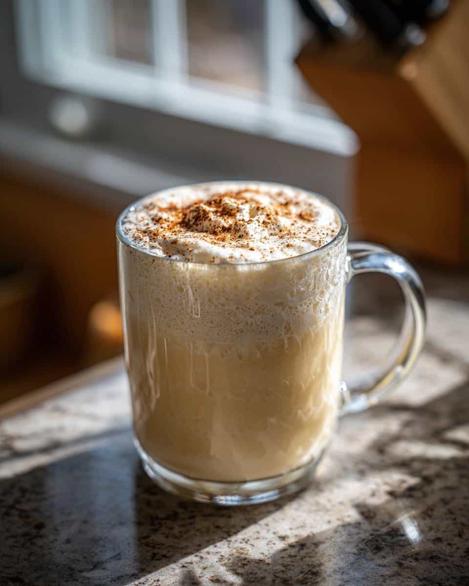 A mug filled with homemade eggnog recipe, topped with whipped cream and a sprinkle of cinnamon.