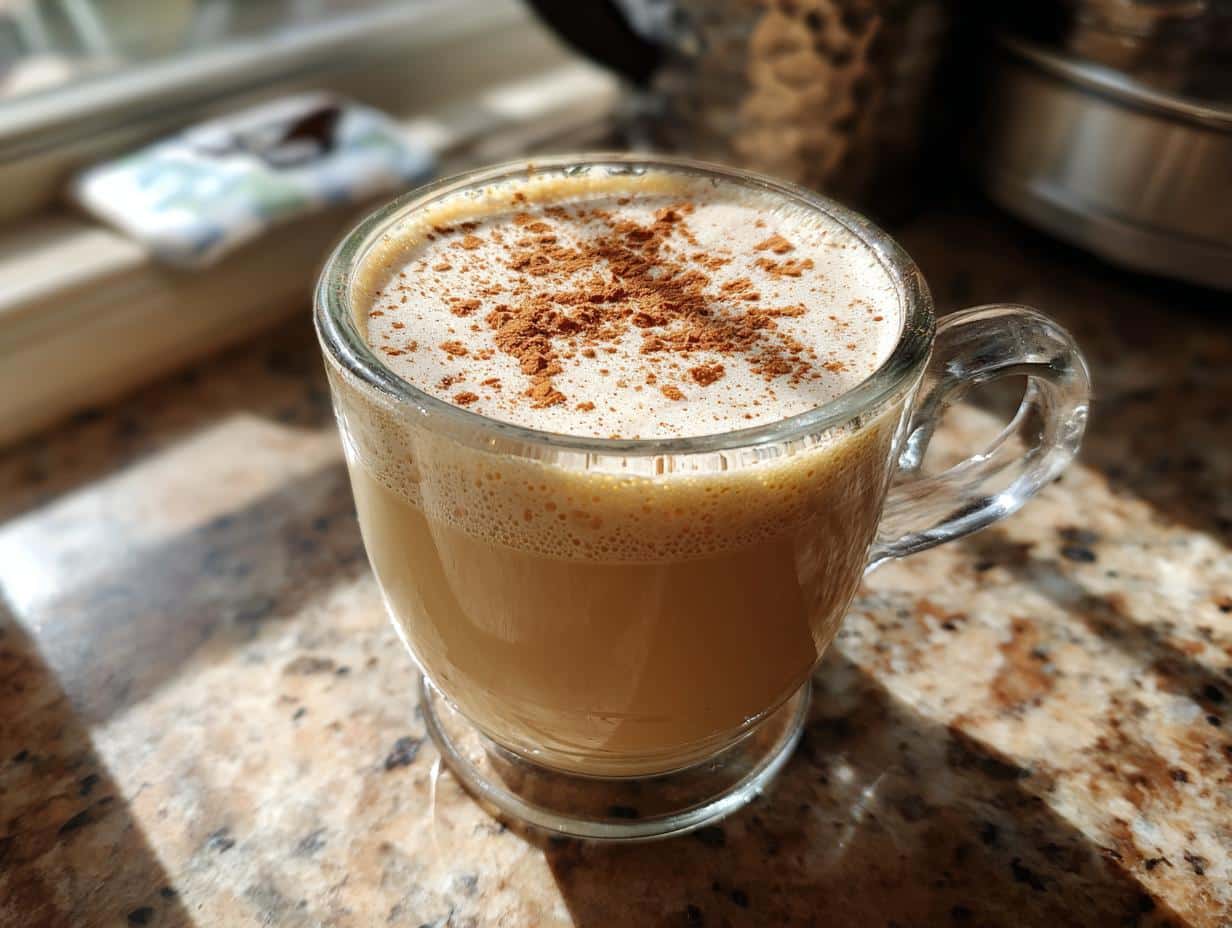 A glass mug filled with homemade eggnog, topped with foam and sprinkled with cinnamon, showcasing the eggnog recipe.