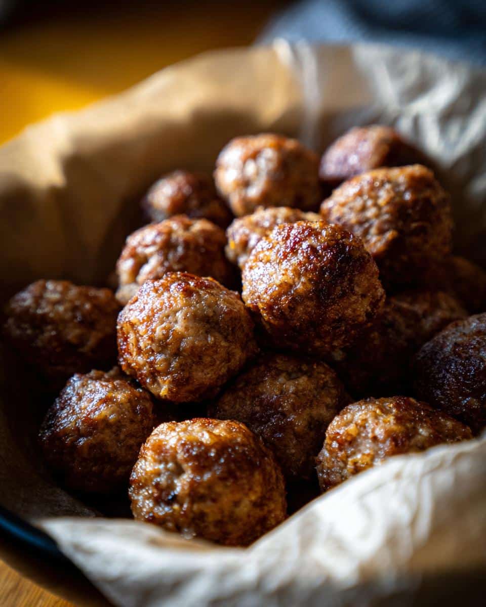 Close-up of a bowl filled with freshly baked, golden brown sausage balls.