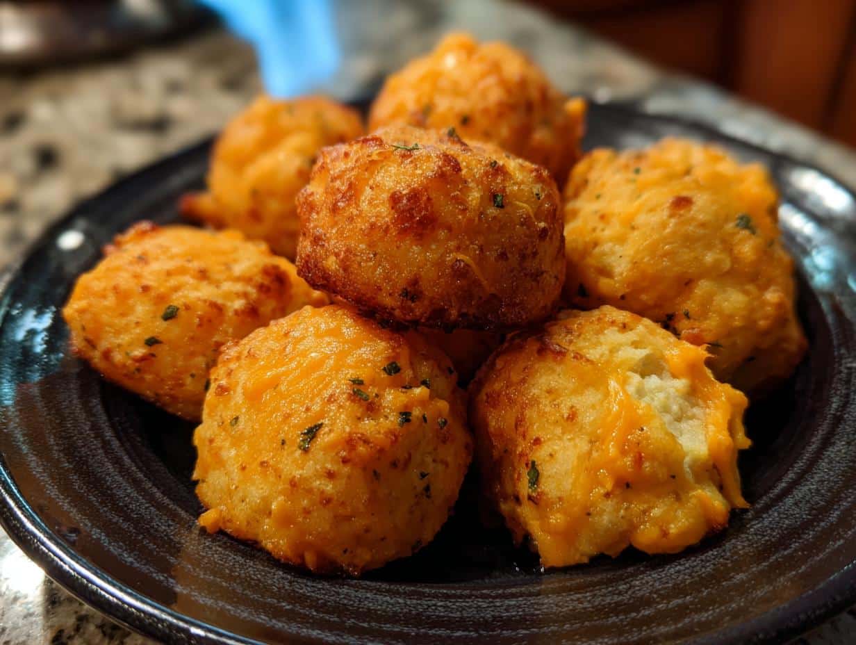 A plate of freshly baked sausage balls, golden brown and garnished with herbs, ready to be enjoyed.
