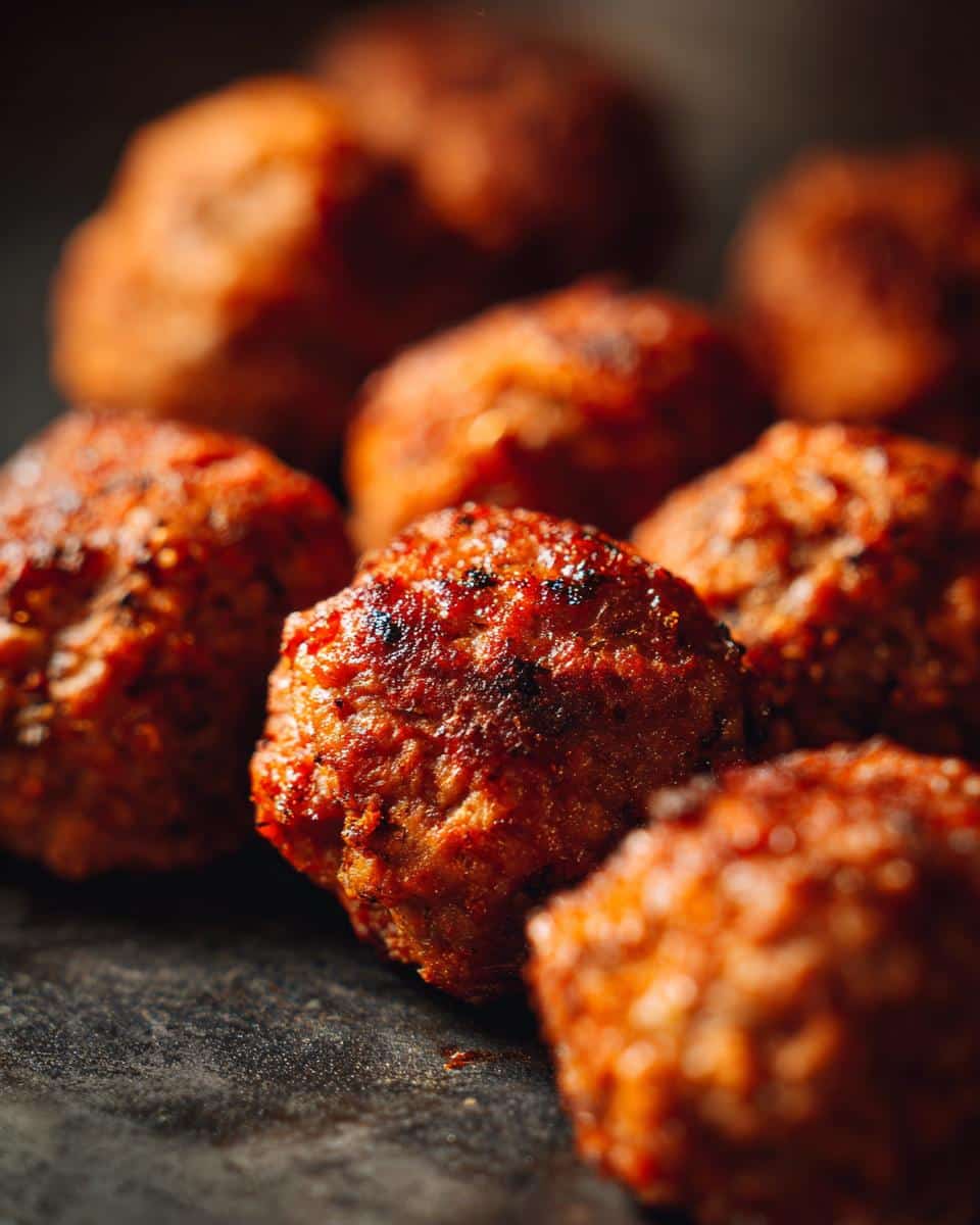 Close-up of freshly baked sausage balls, golden brown and ready to eat.