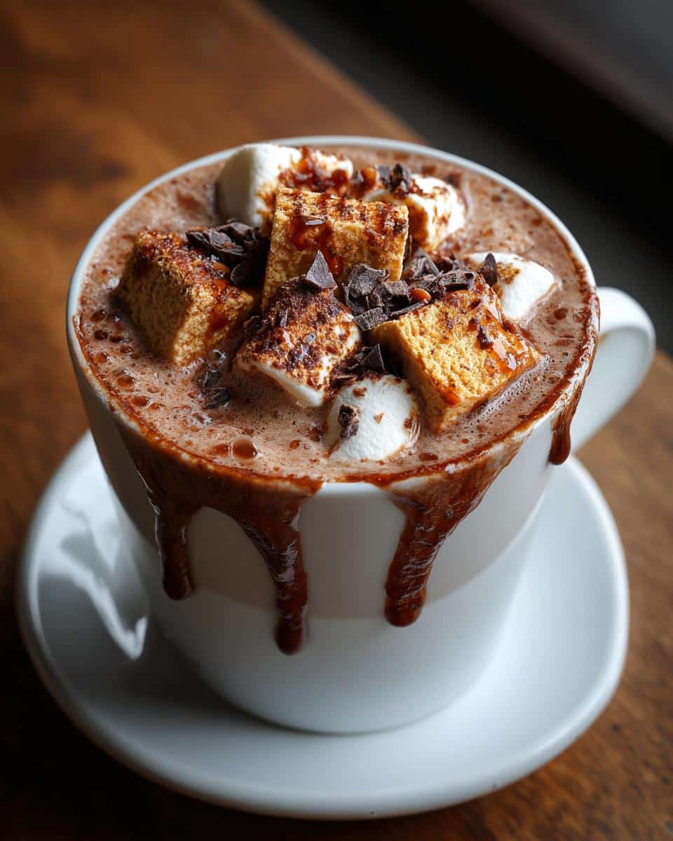 A decadent hot chocolate bar creation with marshmallows, chocolate shavings, and chocolate syrup dripping down the side of the mug.