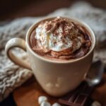 A delicious mug of hot chocolate with whipped cream and chocolate shavings, perfect for a hot chocolate bar.