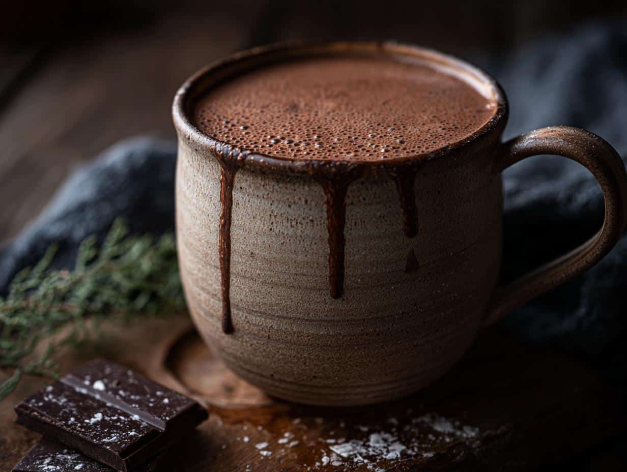 A rustic mug filled with rich hot chocolate, perfect for a hot chocolate bar setup.