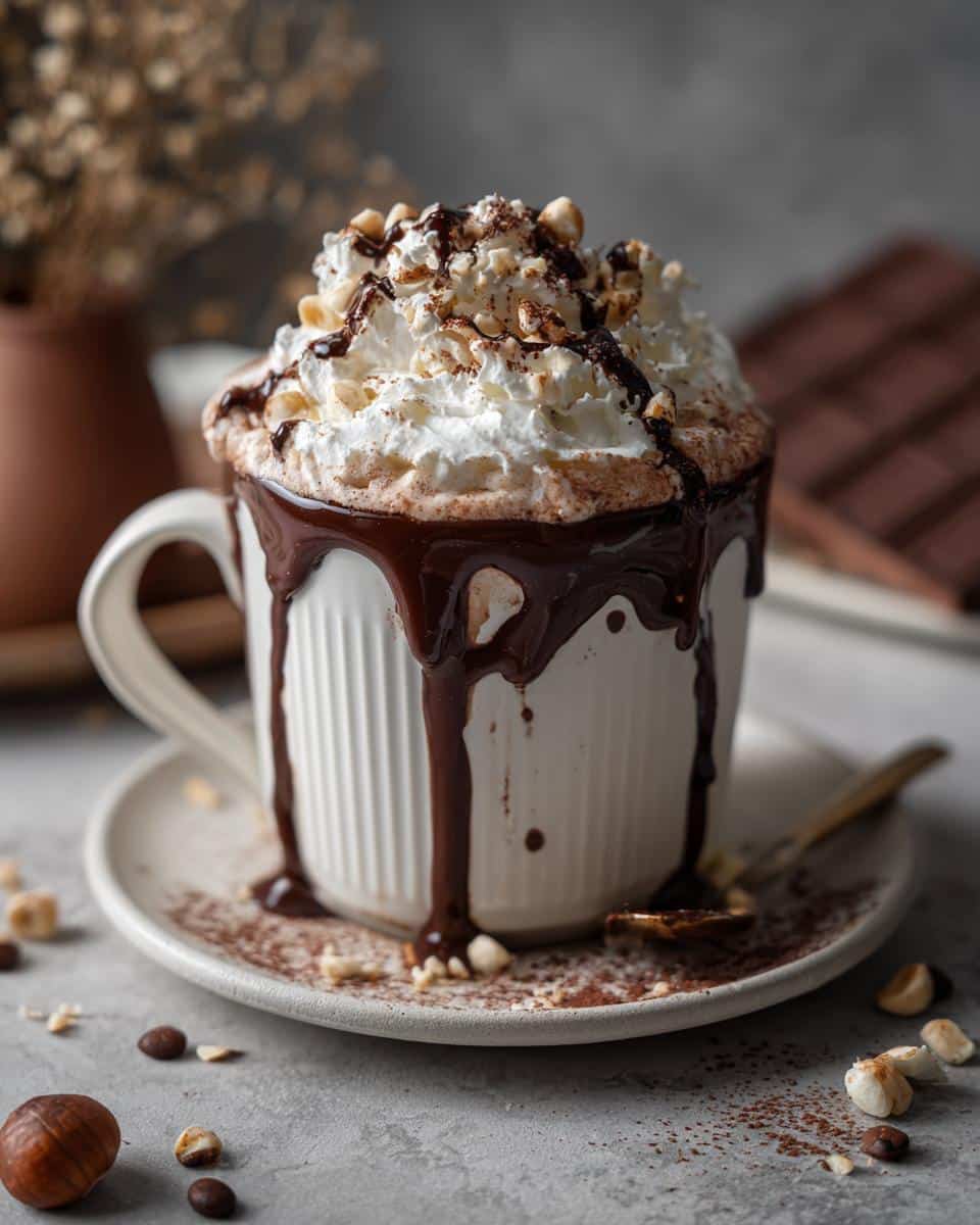 Rich hot chocolate with whipped cream, chocolate drizzle, and nuts, perfect for a hot chocolate bar.
