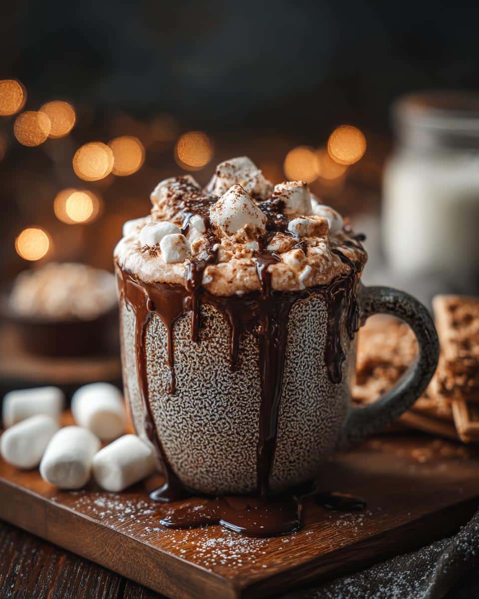 A mug of hot cocoa bar christmas style, overflowing with marshmallows and chocolate drizzle on a wooden board.