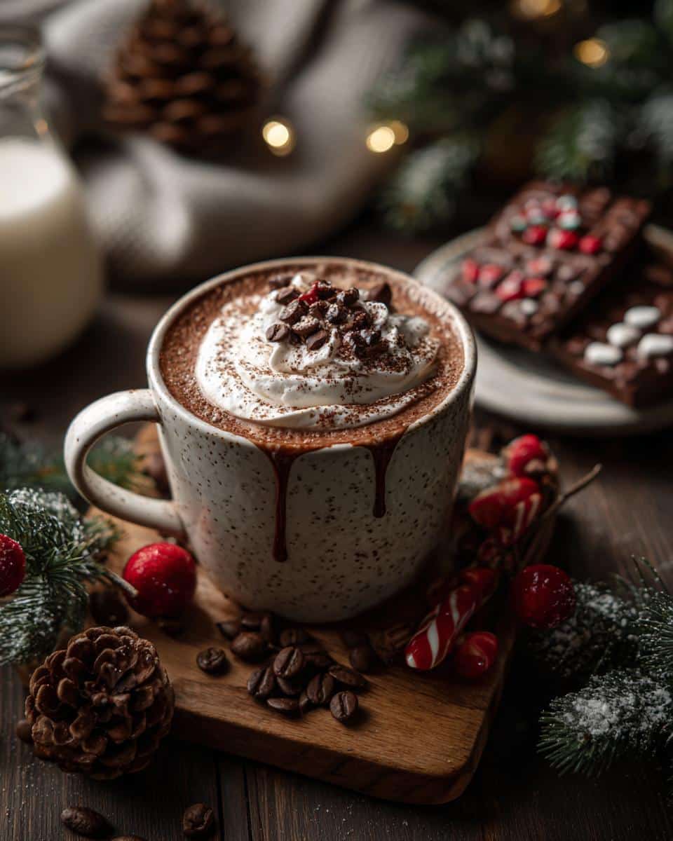 A mug of hot cocoa with whipped cream, chocolate chips, and Christmas decorations for a hot cocoa bar christmas.