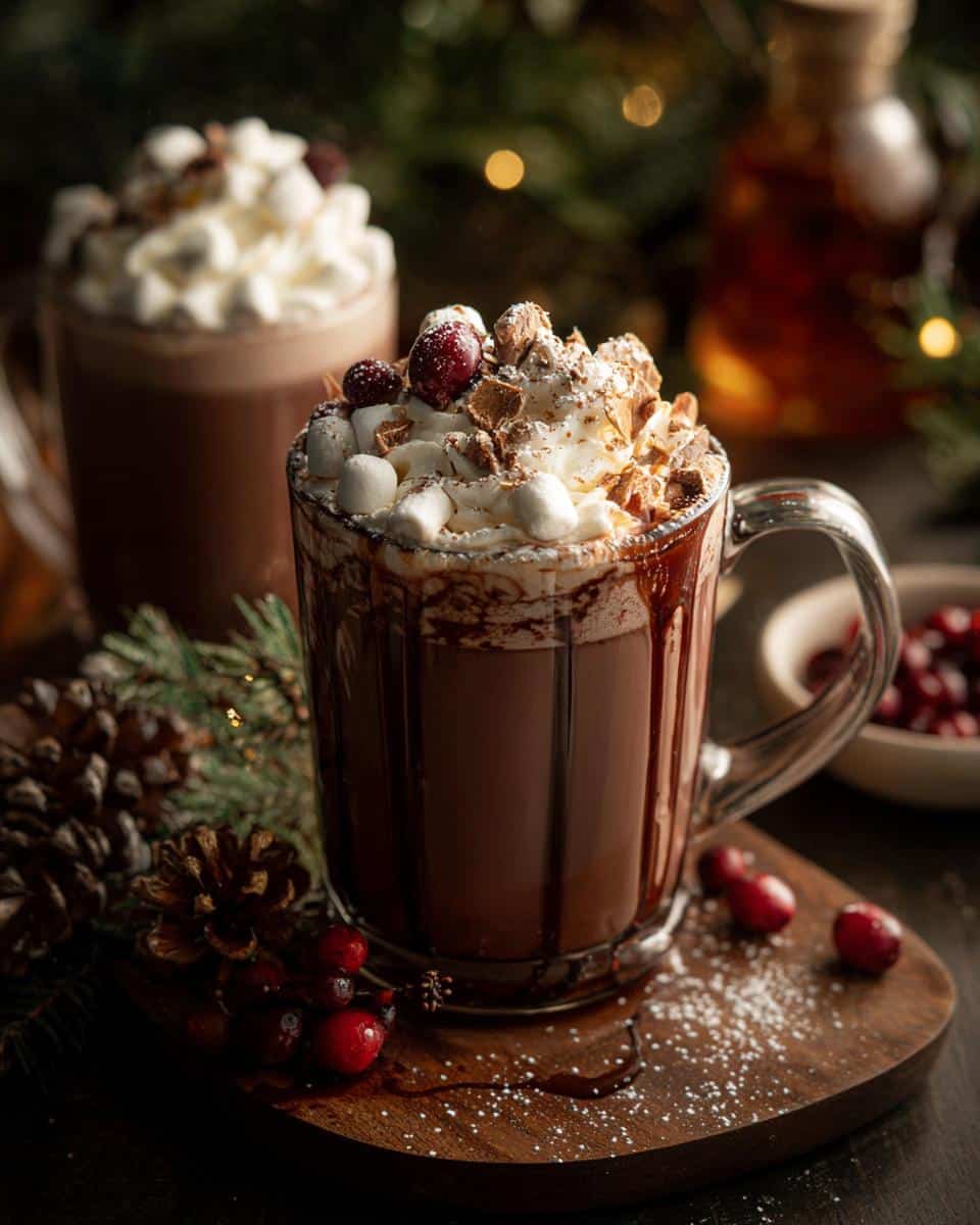 Close-up of a mug of hot cocoa bar Christmas drink with whipped cream, marshmallows, cranberries, and chocolate shavings.