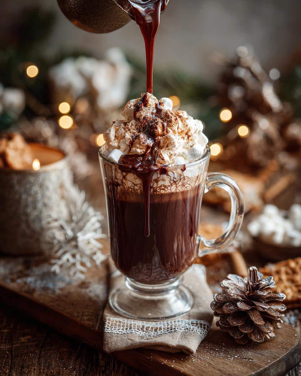 Hot cocoa being poured into a glass mug topped with marshmallows, part of a hot cocoa bar christmas setup.