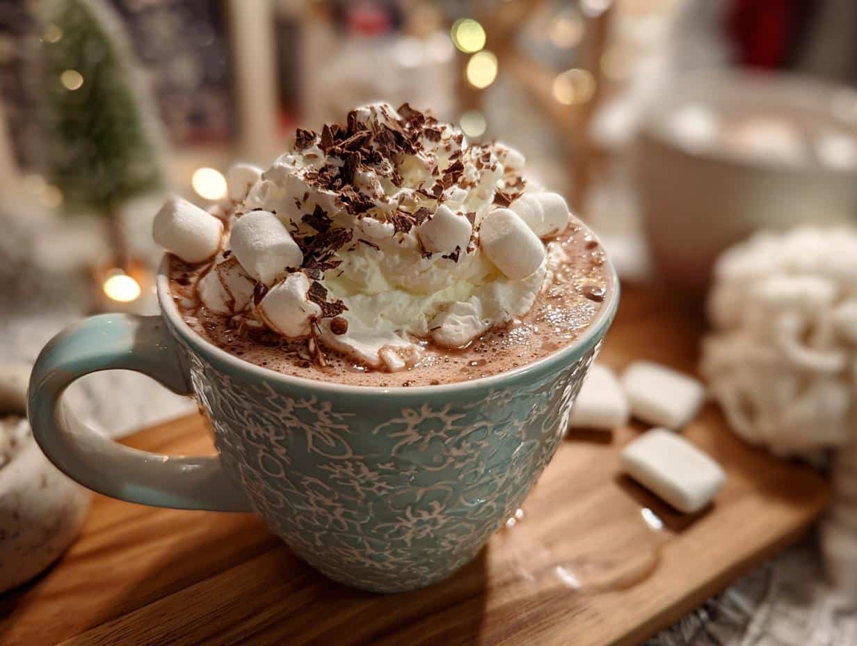 A mug of hot cocoa with whipped cream, marshmallows, and chocolate shavings, perfect for a hot cocoa bar christmas.