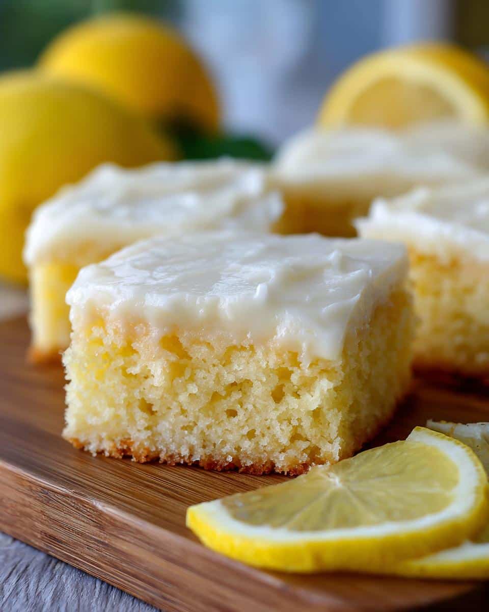 Close-up of lemon dessert bars with white icing, served with lemon slices on a wooden board. Lemon desserts.