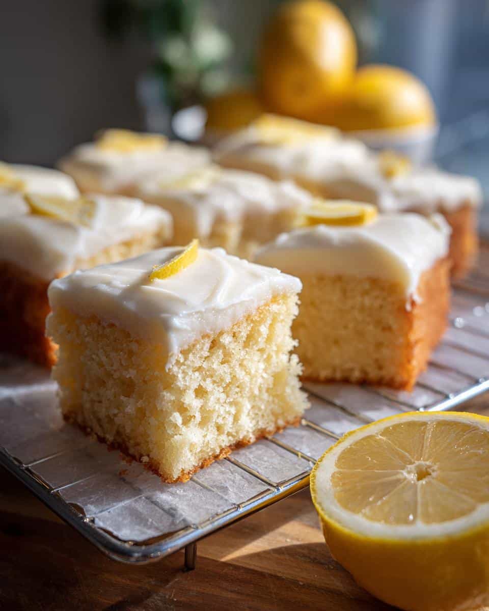 Close-up of iced lemon dessert squares, garnished with lemon slices, on a wire rack with a halved lemon.