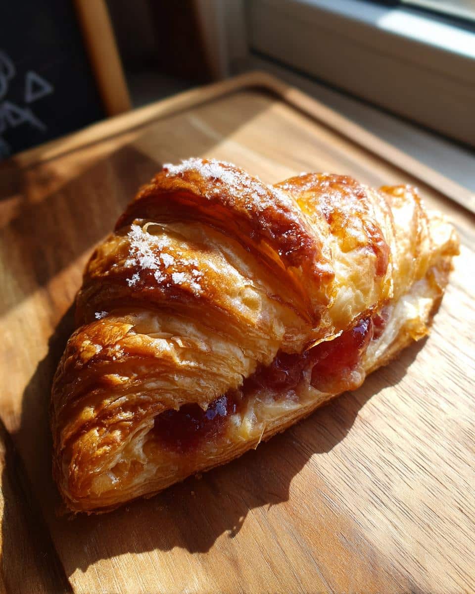 Close-up of a jam-filled croissant, an example of easy puff pastry desserts, on a wooden board.