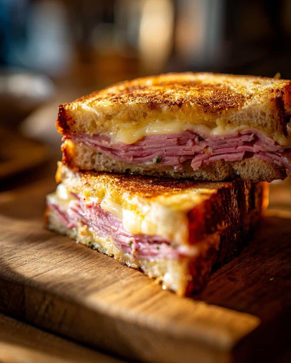 Grilled sandwich made with leftover roast beef recipes and melted cheese, stacked on a wooden board.