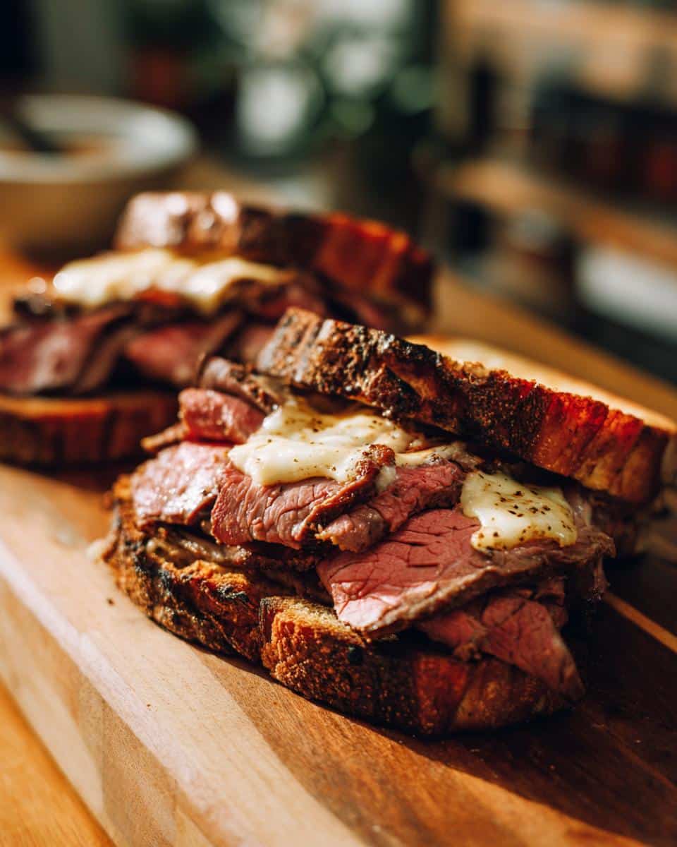 Open-faced sandwich featuring sliced leftover roast beef, melted cheese, and toasted bread. One of many leftover roast beef recipes.