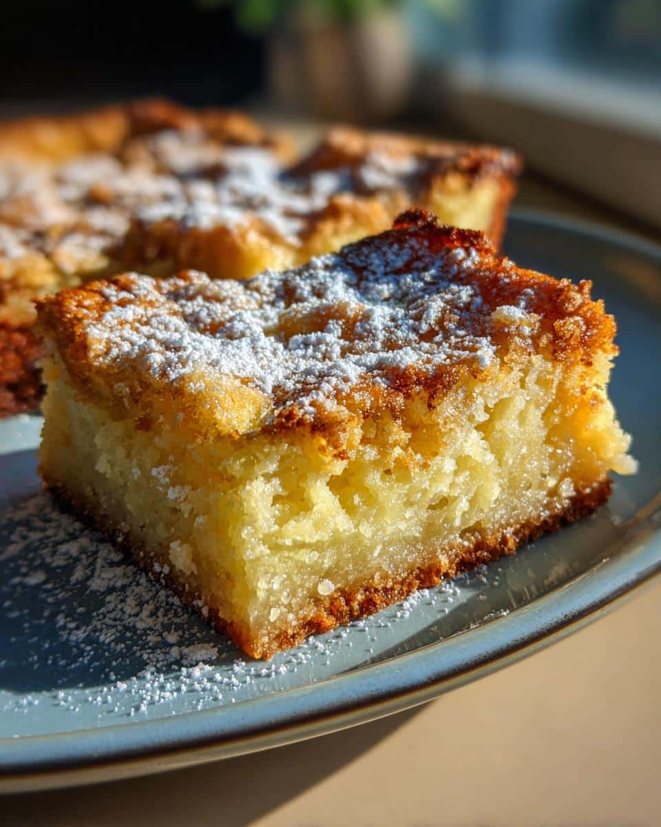 Close-up of a lemon bars 9x13 pan slice topped with powdered sugar on a blue plate.