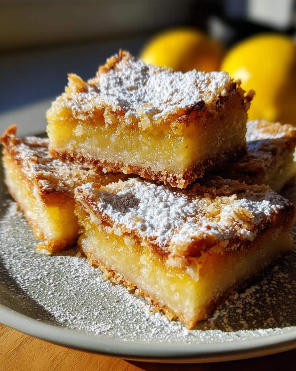 Three lemon bars 9x13 pan stacked on a plate, dusted with powdered sugar. Lemons are visible in the background.