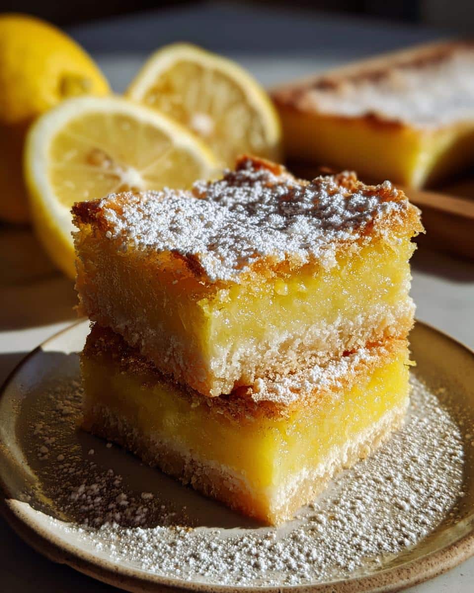 Two lemon bars 9x13 pan stacked on a plate, dusted with powdered sugar, with lemons in the background.