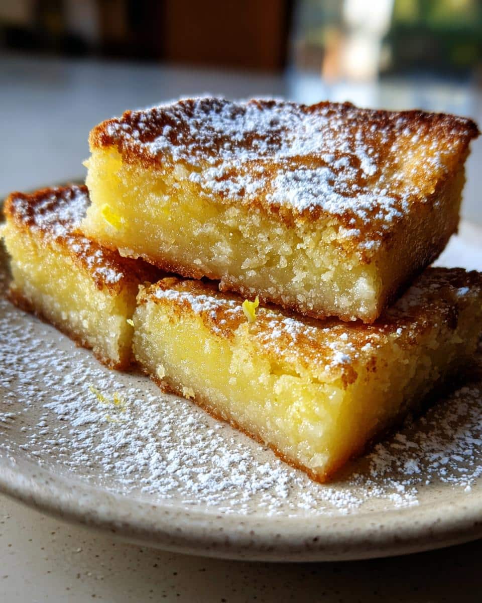 Three lemon bars 9x13 pan stacked on a plate, dusted with powdered sugar.
