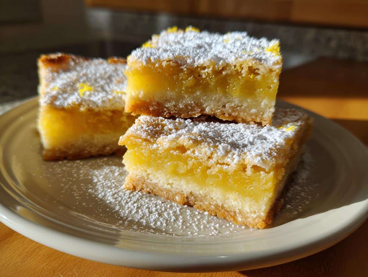 Three lemon bars 9x13 pan stacked on a plate, dusted with powdered sugar and lemon zest.