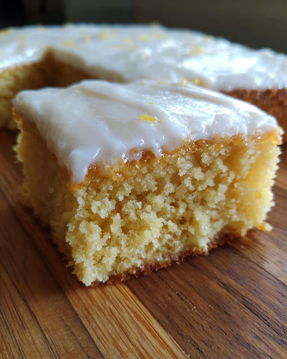 Close-up of a slice of lemon dessert bar with white icing on a wooden surface. Delicious lemon desserts.