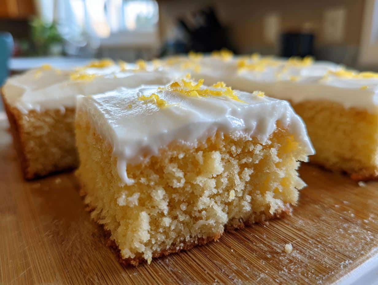 Close-up of a slice of lemon cake, a delicious example of lemon desserts, topped with white frosting and lemon zest.
