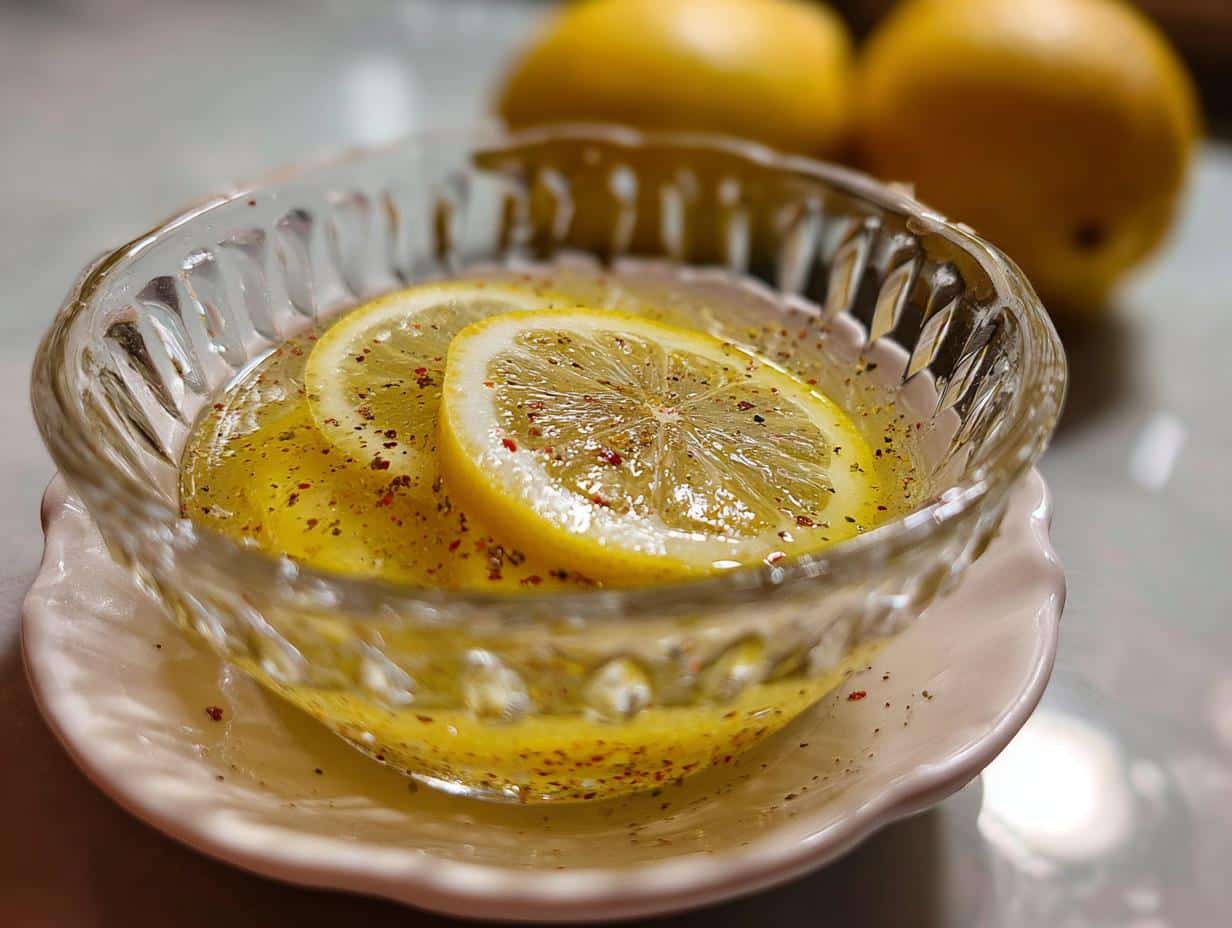 Close-up of a clear bowl filled with a vibrant lemon dressing recipe, garnished with lemon slices and spices.